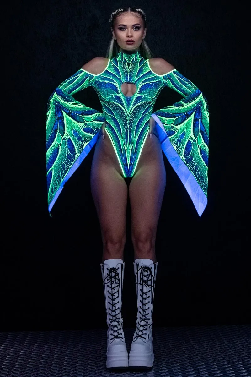 Luminous Fairy Cut Out Flare Sleeve Thong Bodysuit