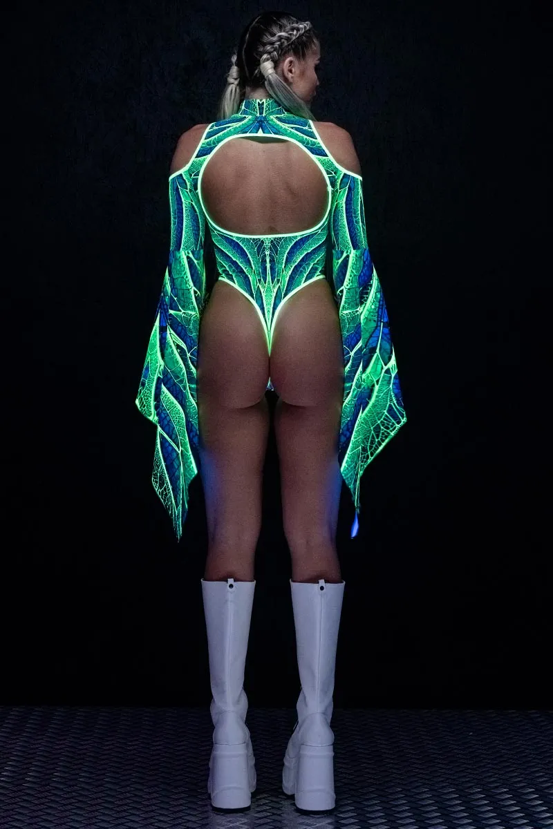 Luminous Fairy Cut Out Flare Sleeve Thong Bodysuit