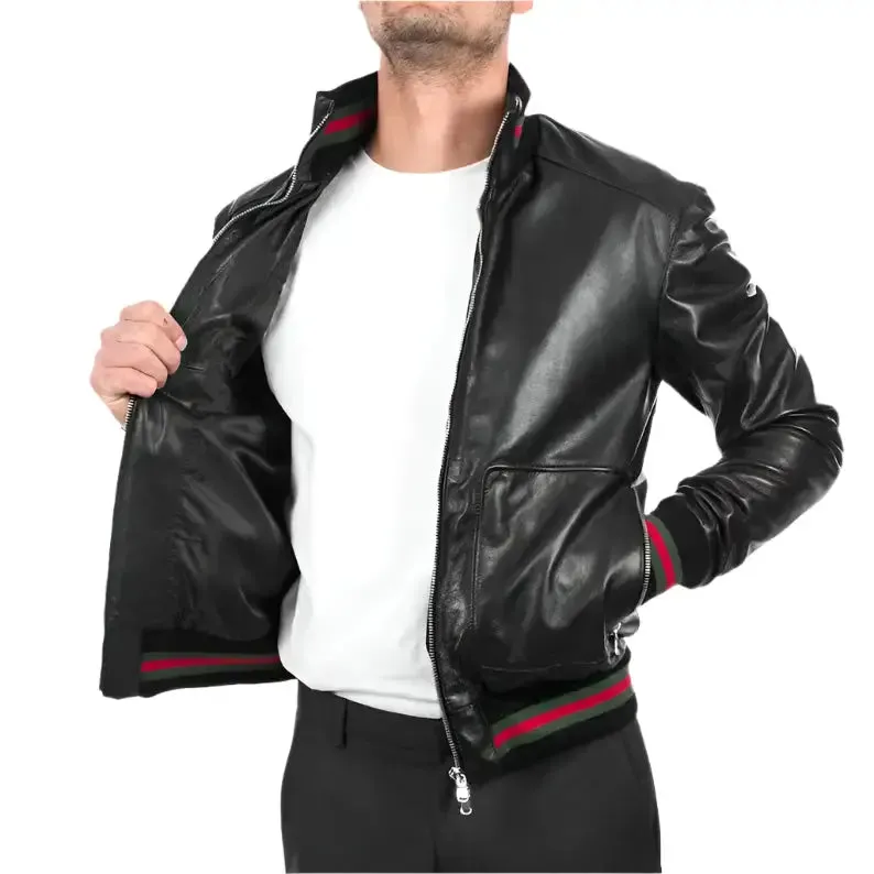 Men's Black Lambskin Bomber Leather Jacket - Stylish & Comfortable