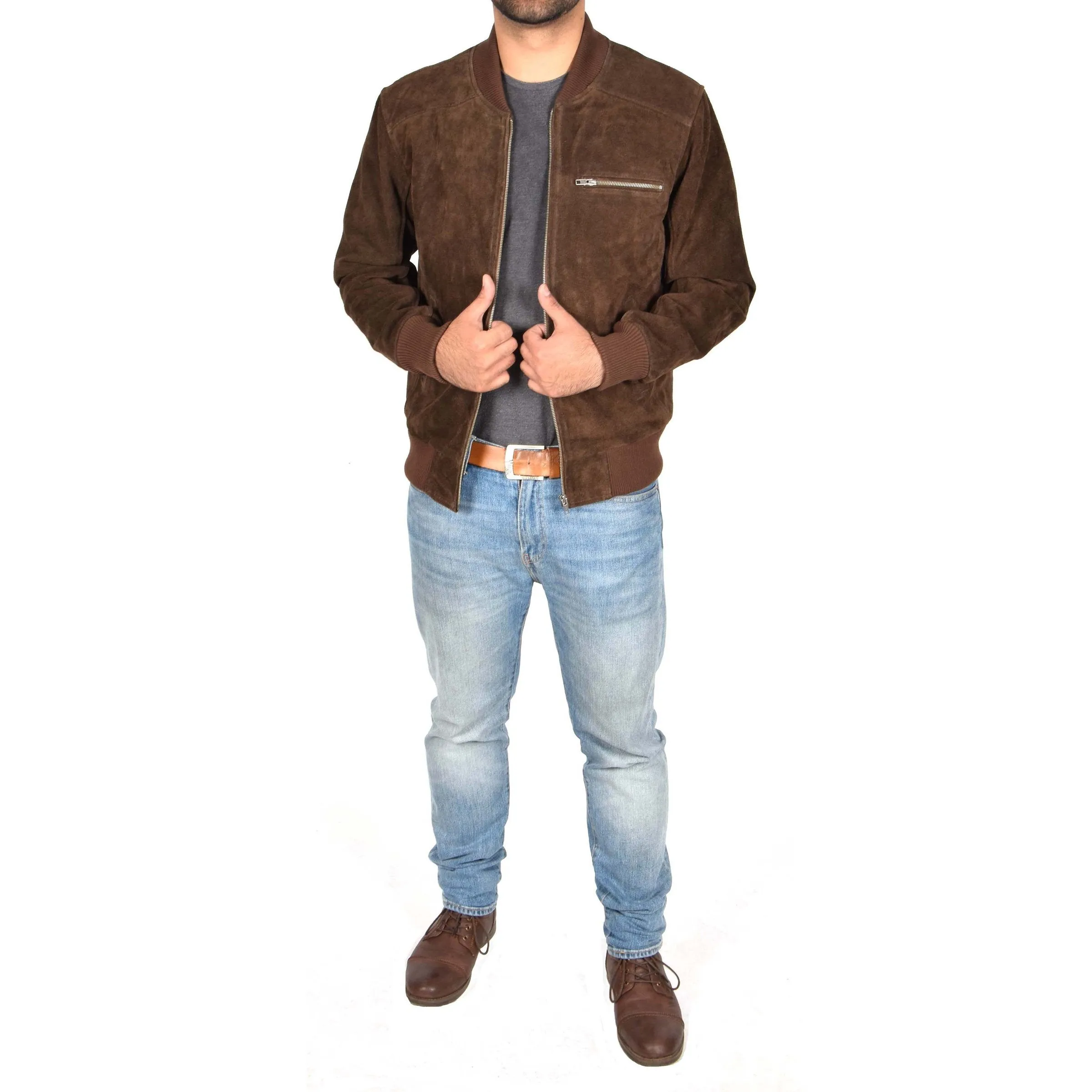 Men's Brown Suede Leather Bomber Jacket