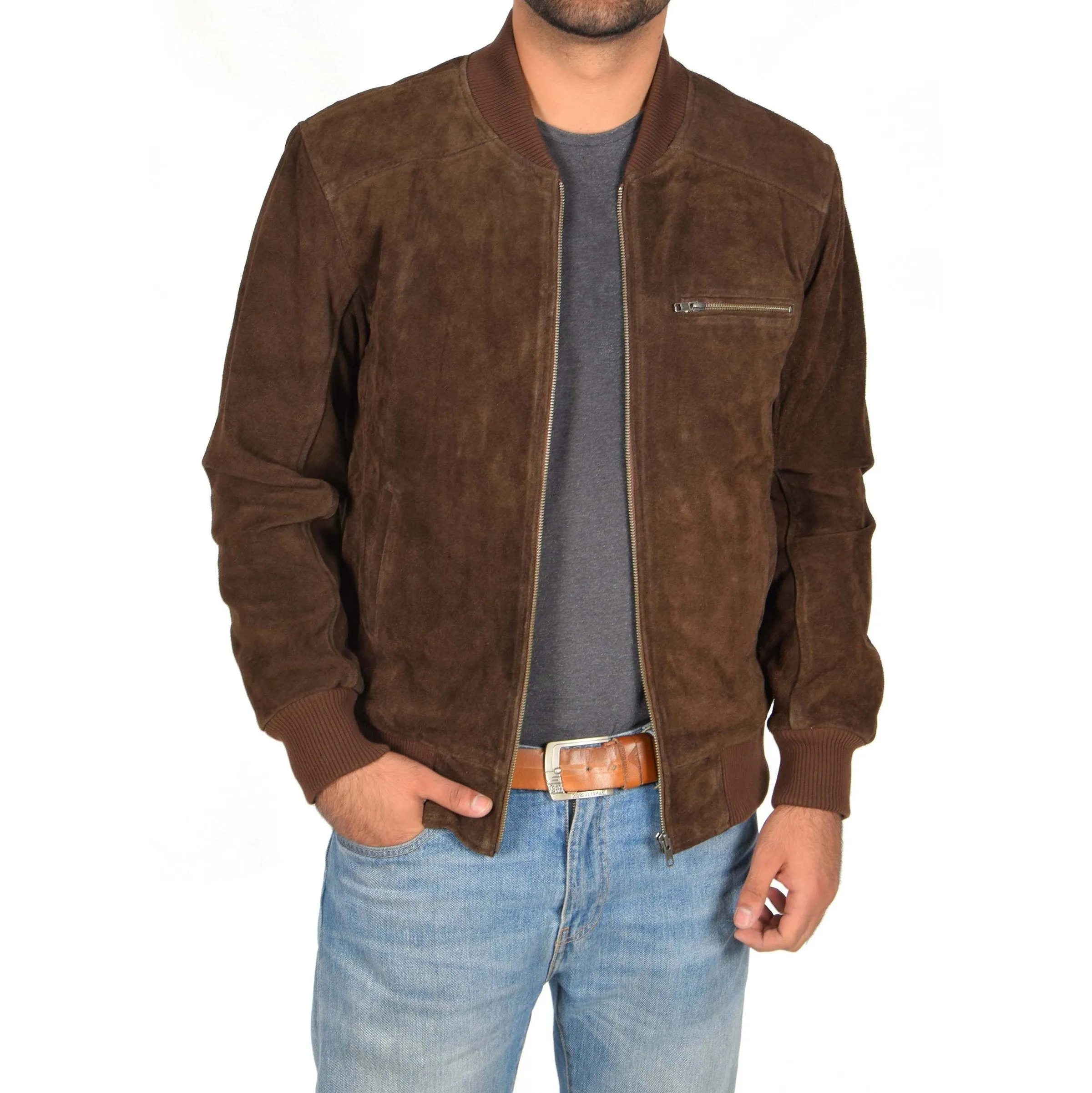 Men's Brown Suede Leather Bomber Jacket
