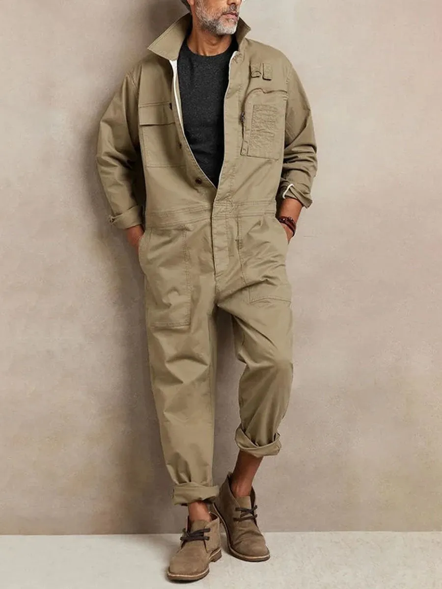 Men's Solid Color Multi-Pocket Casual Jumpsuit