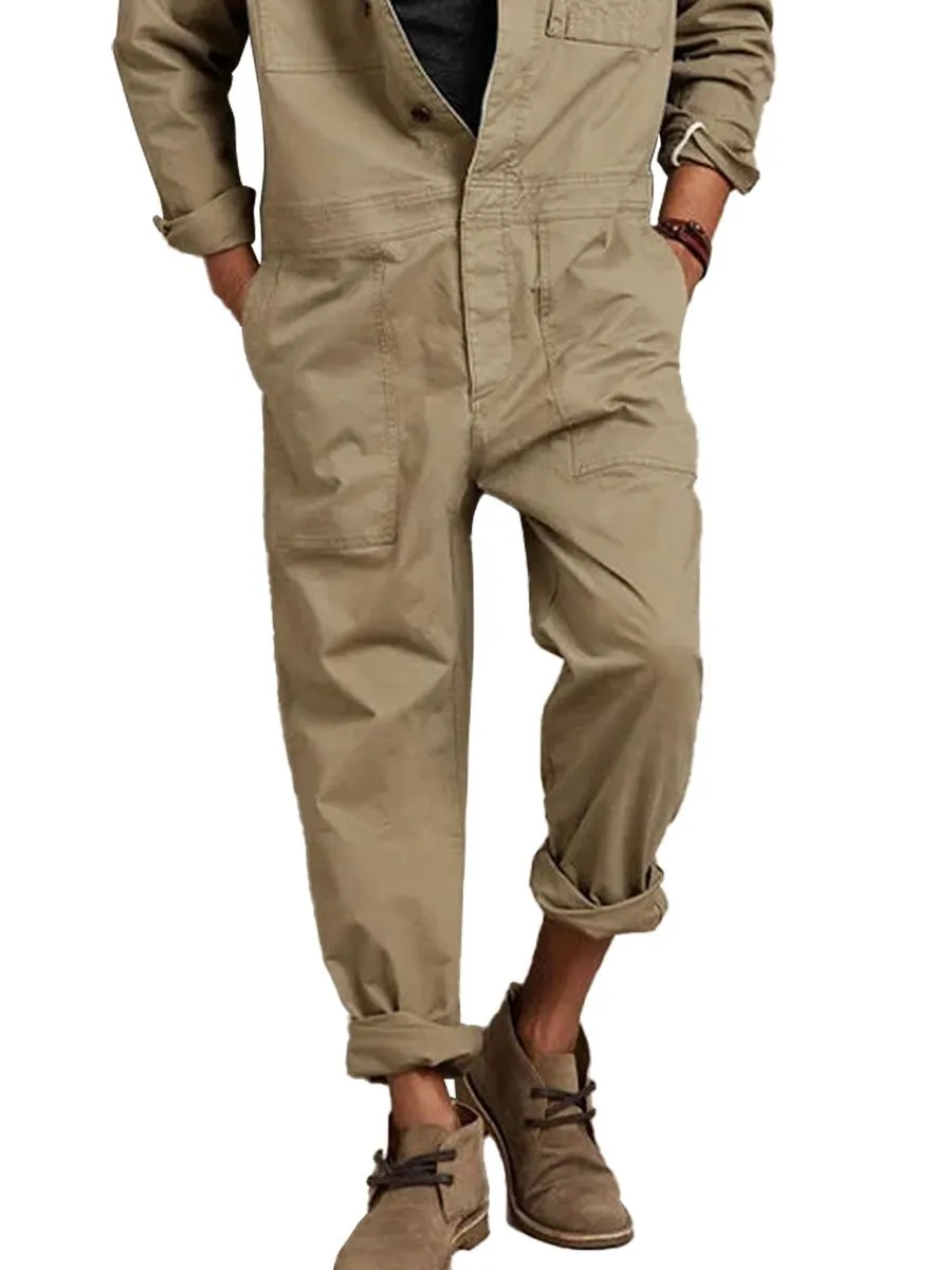 Men's Solid Color Multi-Pocket Casual Jumpsuit