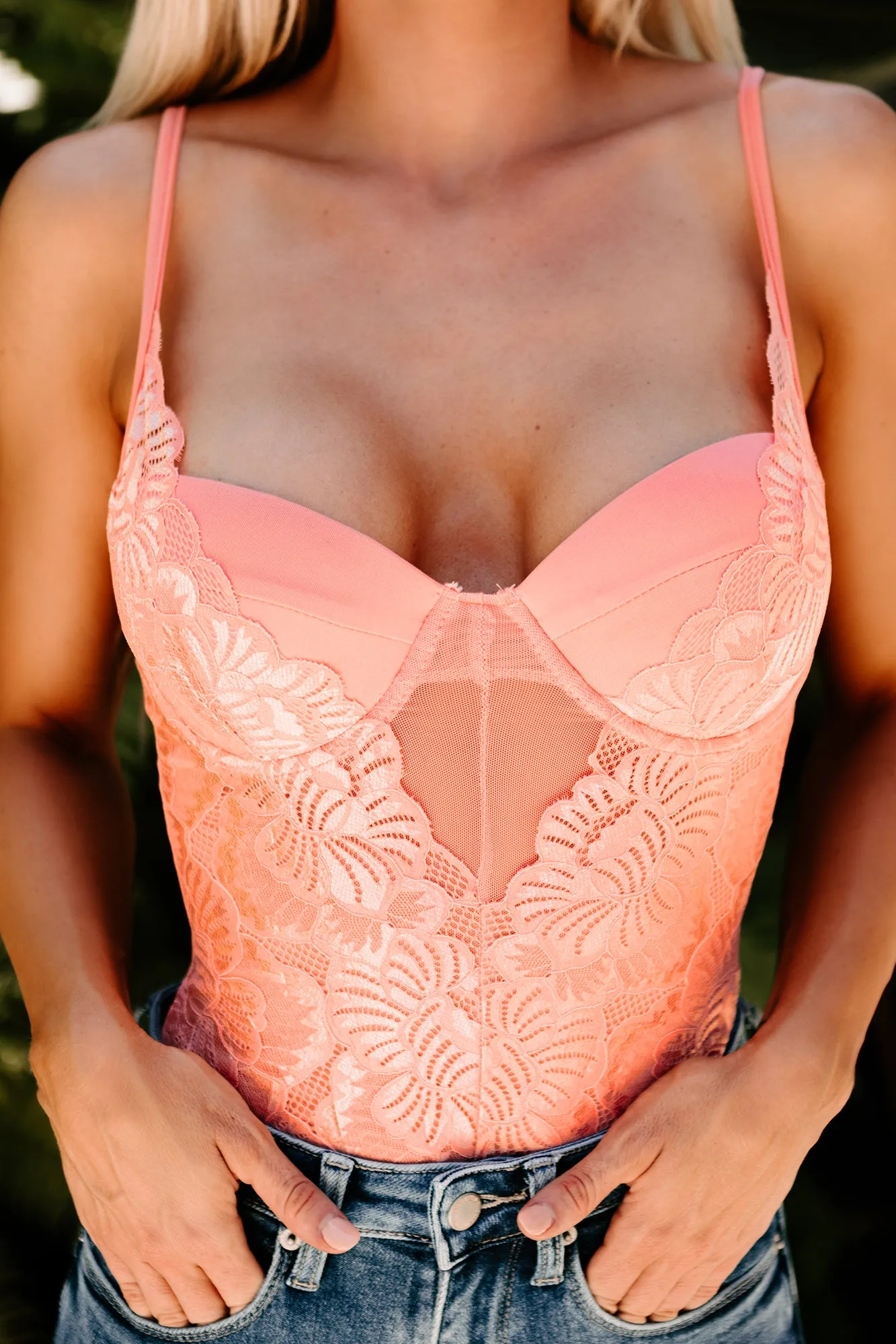 Nights In Ibiza Padded Lace Bodysuit (Coral)