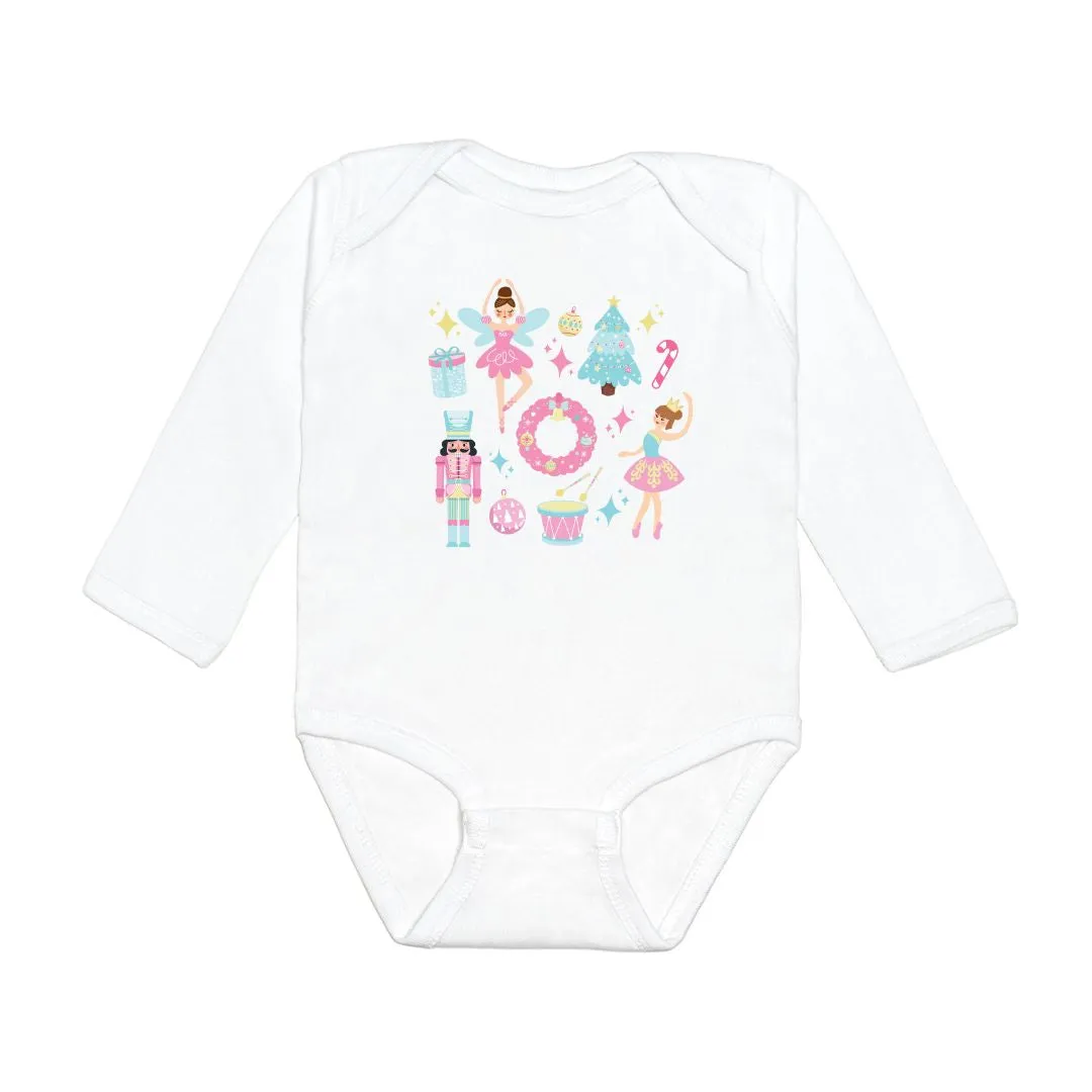 Nutcracker Doodle Christmas Long Sleeve Bodysuit - White