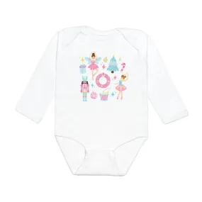 Nutcracker Doodle Christmas Long Sleeve Bodysuit - White