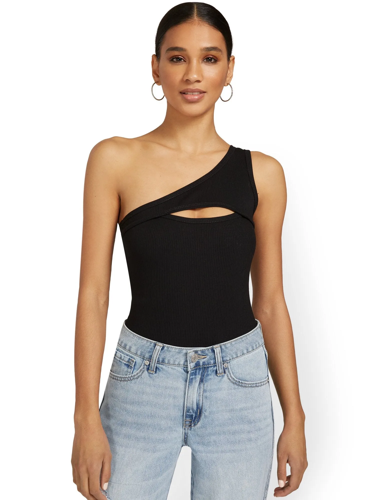 One-Shoulder Ribbed Cut-Out Bodysuit