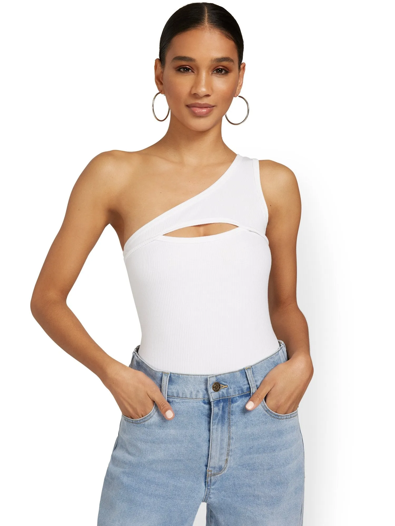 One-Shoulder Ribbed Cut-Out Bodysuit
