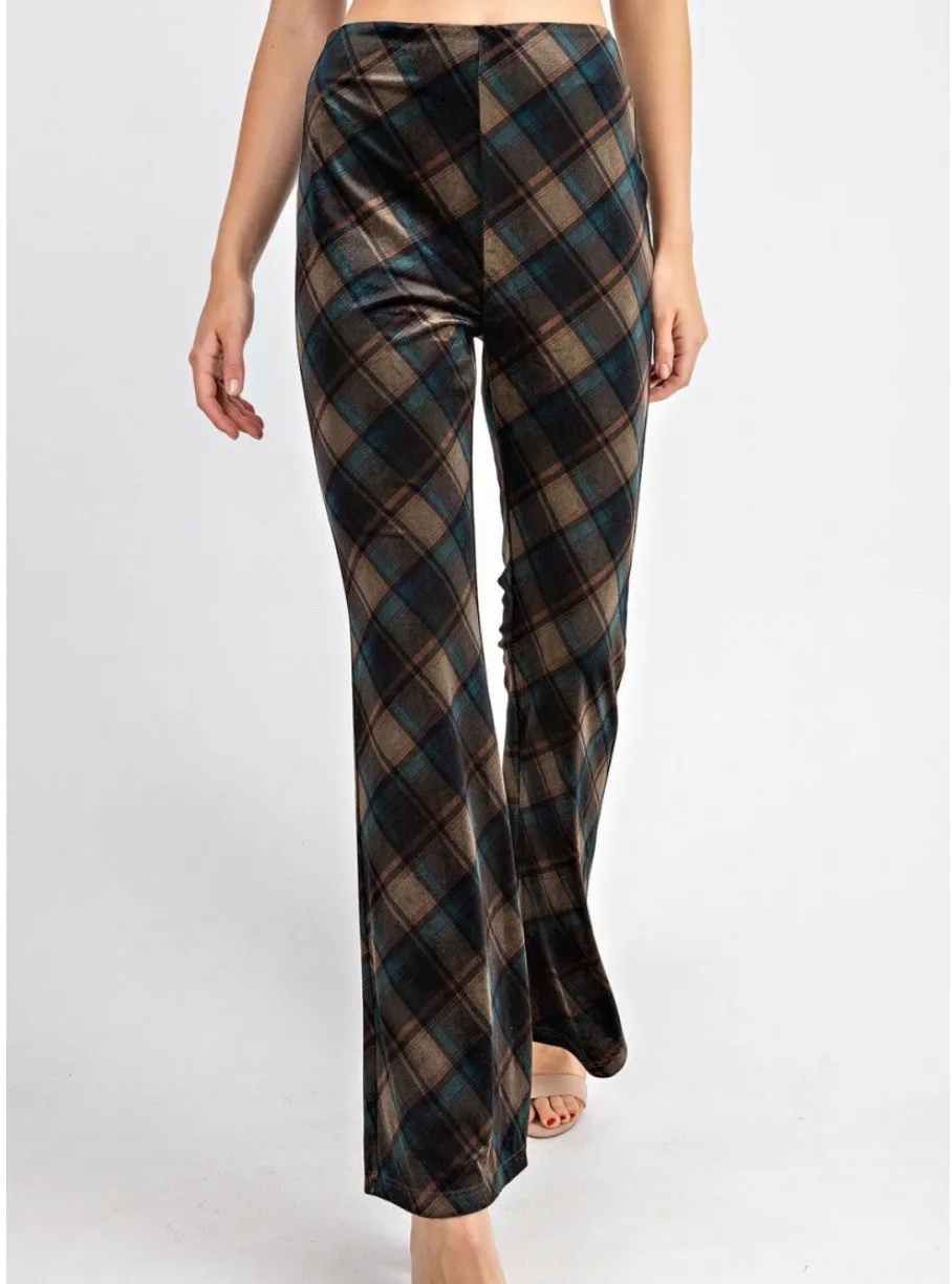 Plaid Print Check High Waist Velvet Flare Pants