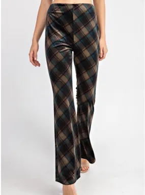 Plaid Print Check High Waist Velvet Flare Pants