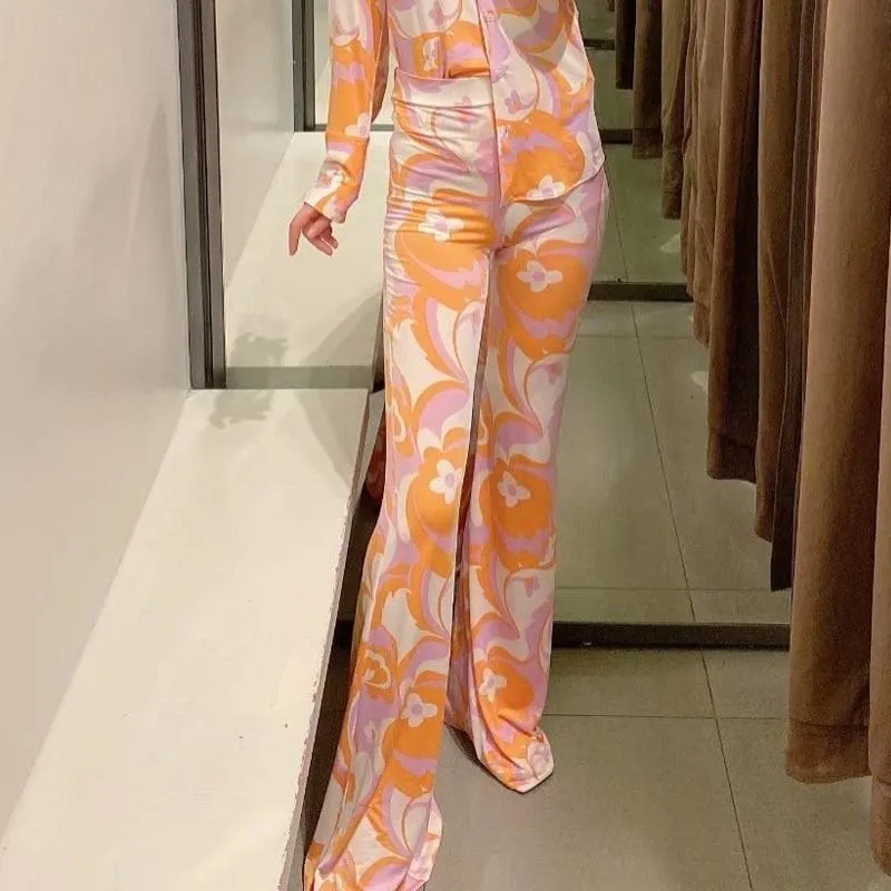 PRINTED FLARE HIGH WAIST PANTS