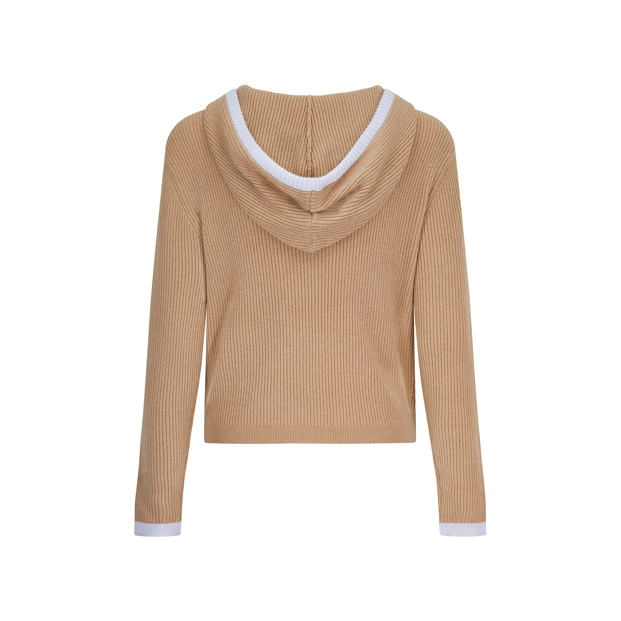 Rib Trim Cashmere Hoodie - Camel / Pearl Grey