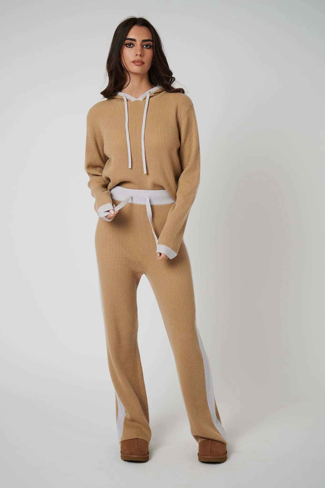 Rib Trim Cashmere Hoodie - Camel / Pearl Grey