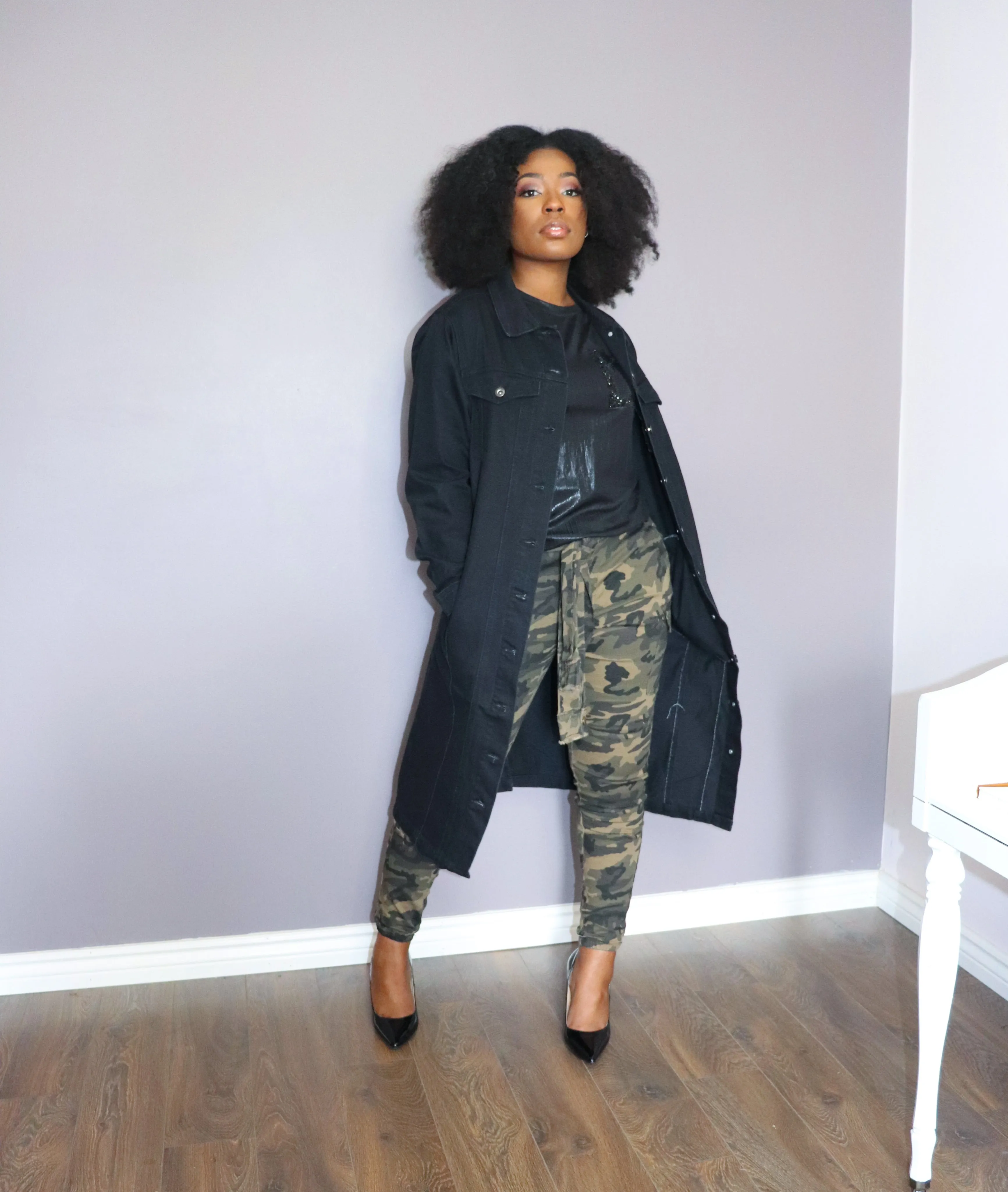 RIRI Long Denim Jacket in Black