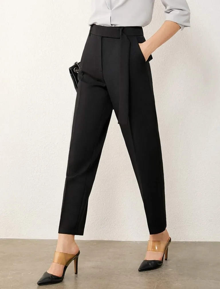 Solid High Waist Straight Trousers