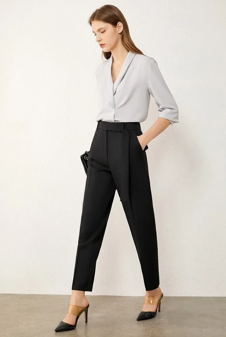 Solid High Waist Straight Trousers