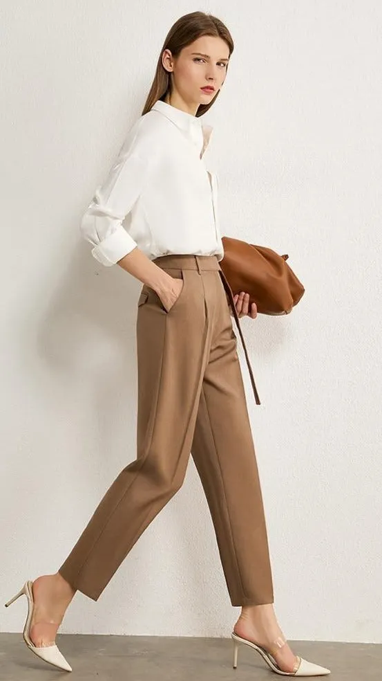 Solid High Waist Straight Trousers
