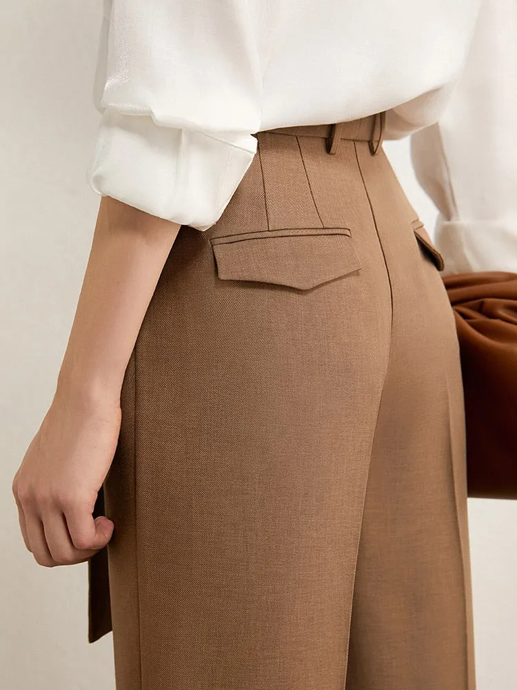 Solid High Waist Straight Trousers