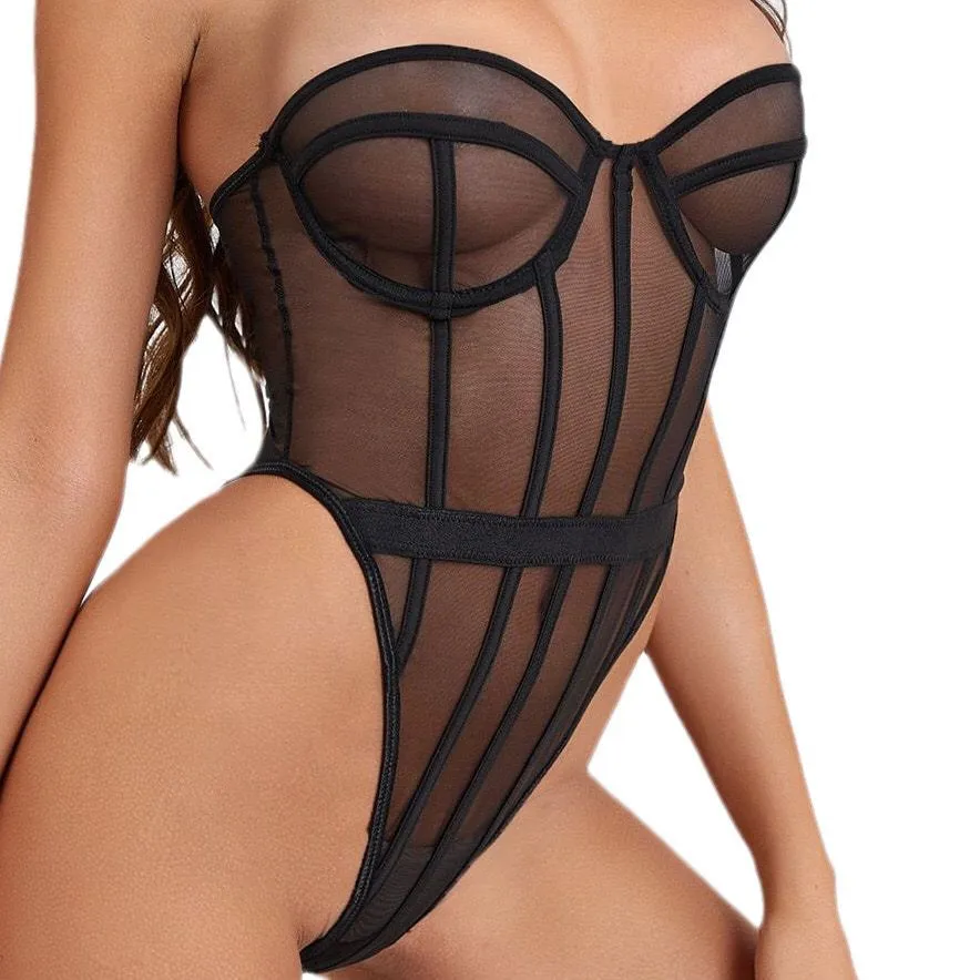 Strapless Sheer Tulle Lined Mesh Bodysuit