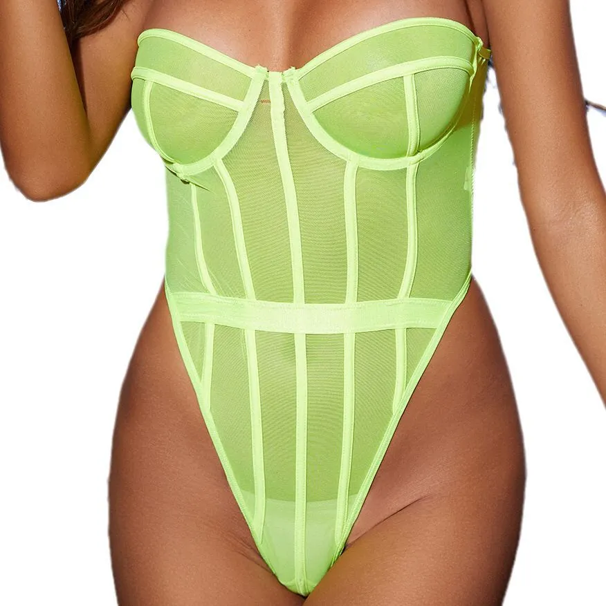 Strapless Sheer Tulle Lined Mesh Bodysuit