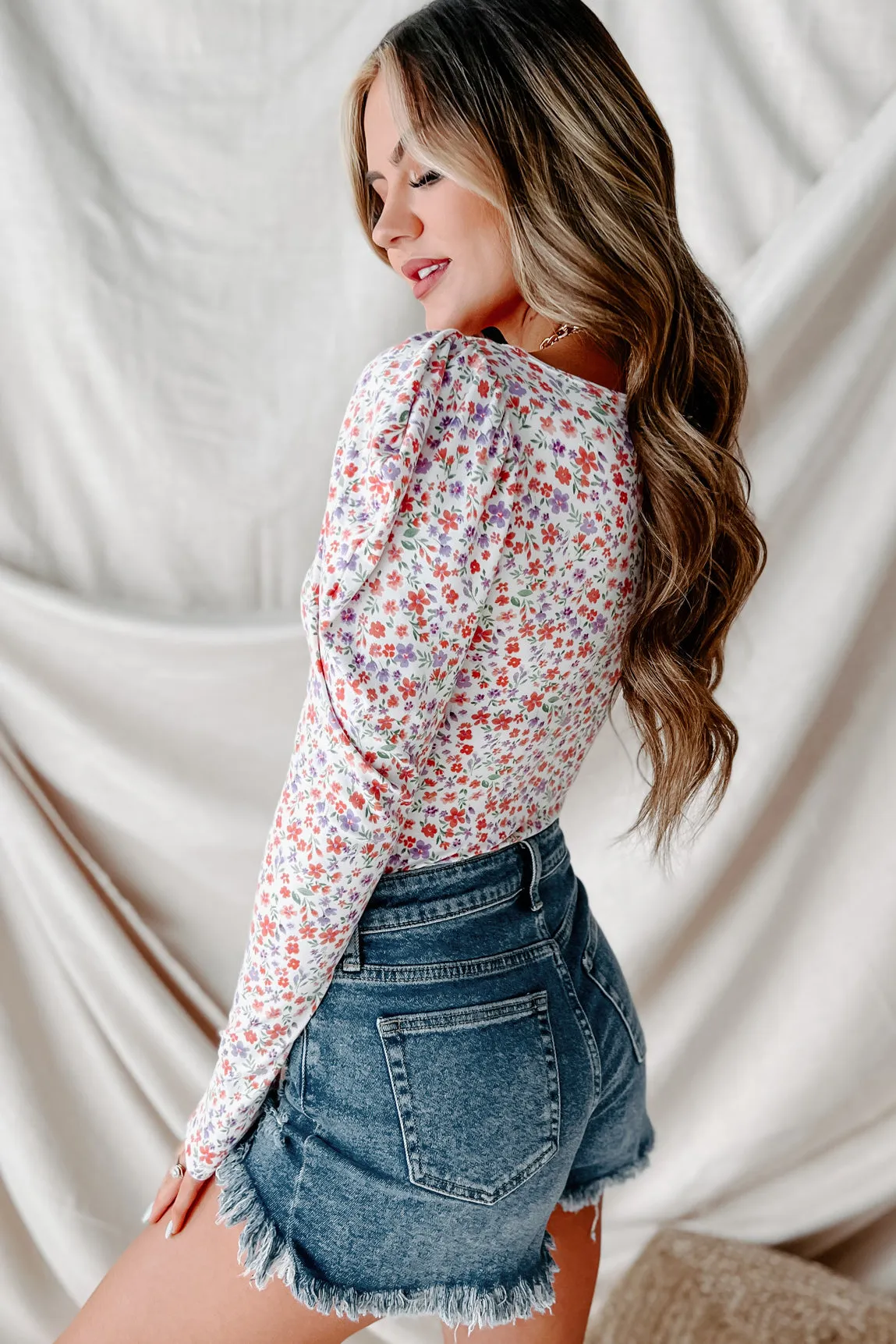 Surrender To Love NanaMacs Original Tie-Front Floral Bodysuit (Off White/Lavender)