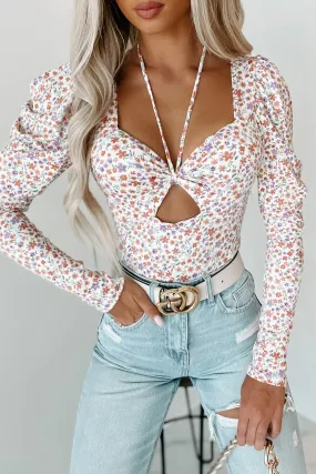 Surrender To Love NanaMacs Original Tie-Front Floral Bodysuit (Off White/Lavender)