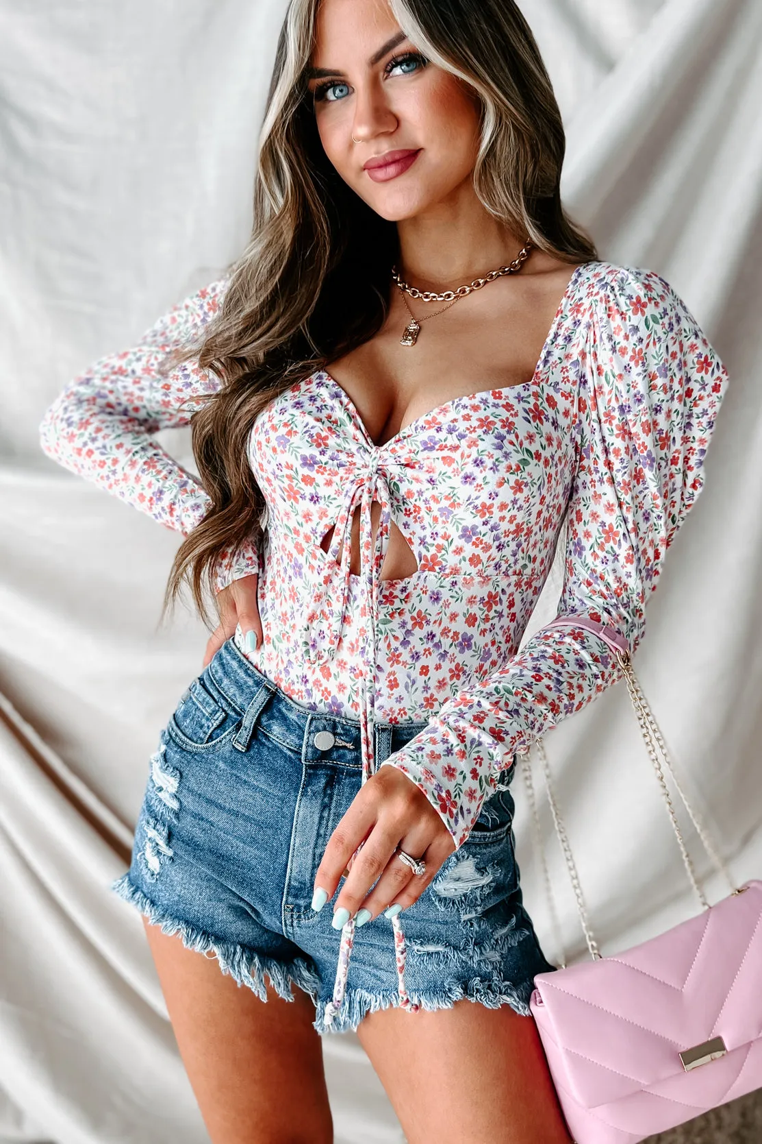 Surrender To Love NanaMacs Original Tie-Front Floral Bodysuit (Off White/Lavender)