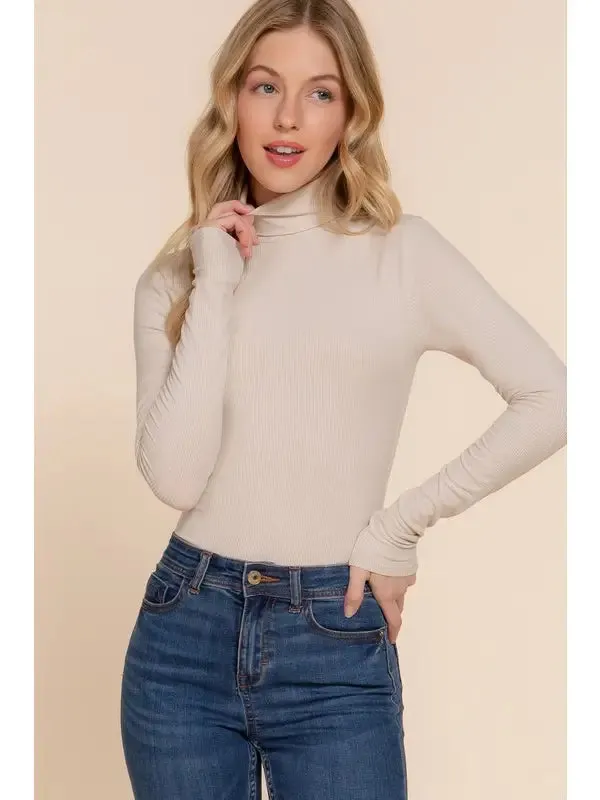 Taupe Long Sleeve Turtle Neck Rayon Rib Bodysuit
