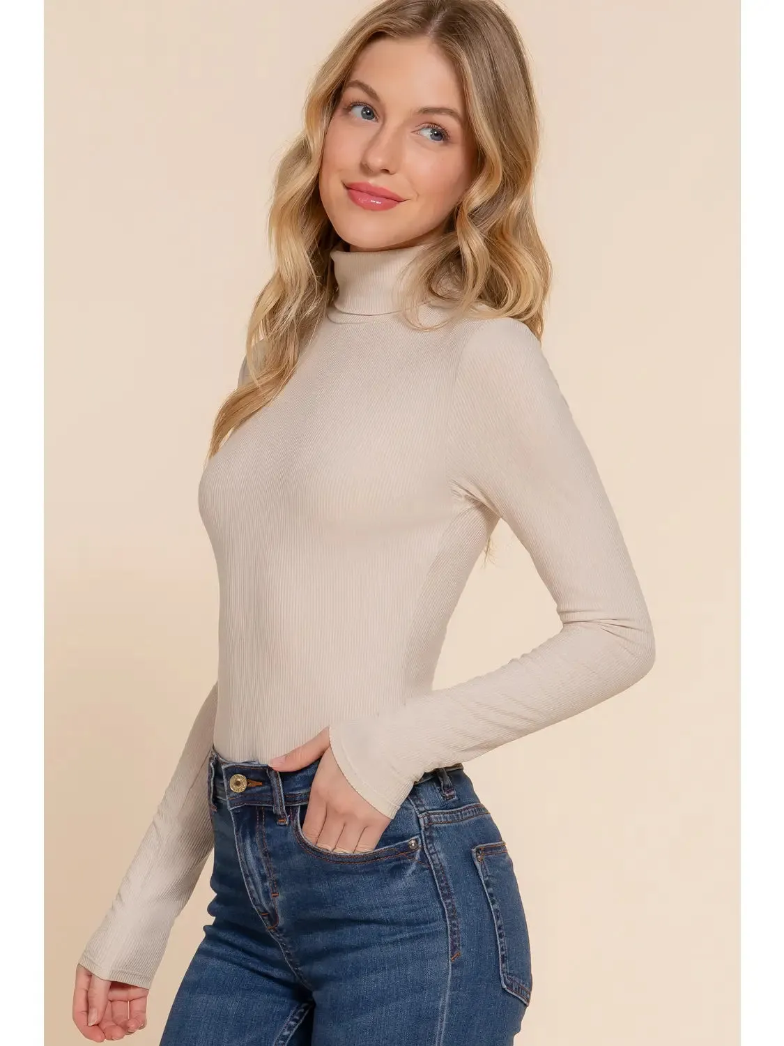 Taupe Long Sleeve Turtle Neck Rayon Rib Bodysuit