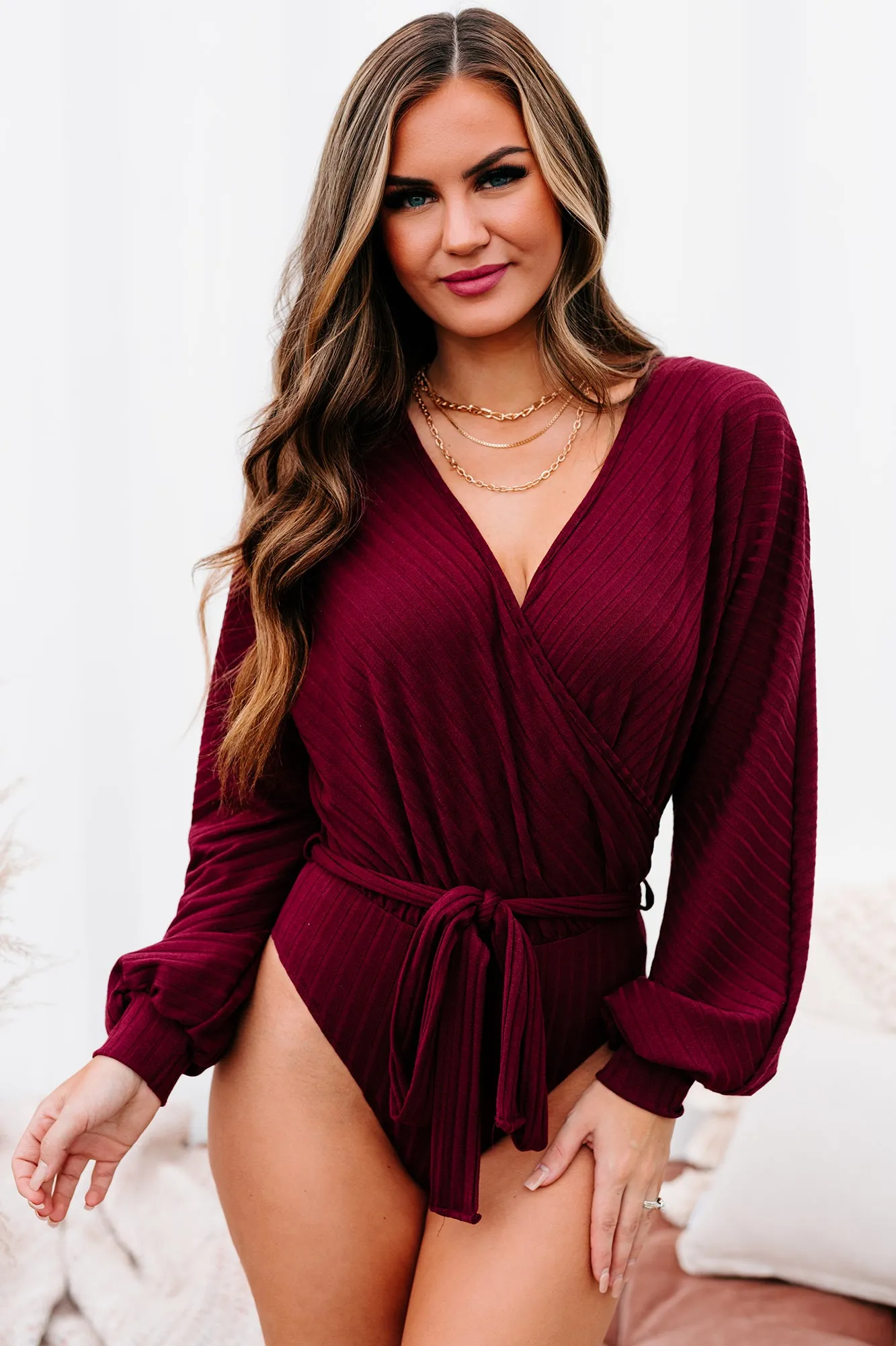 Text Me Later Belted Surplice Bodysuit (Burgundy)