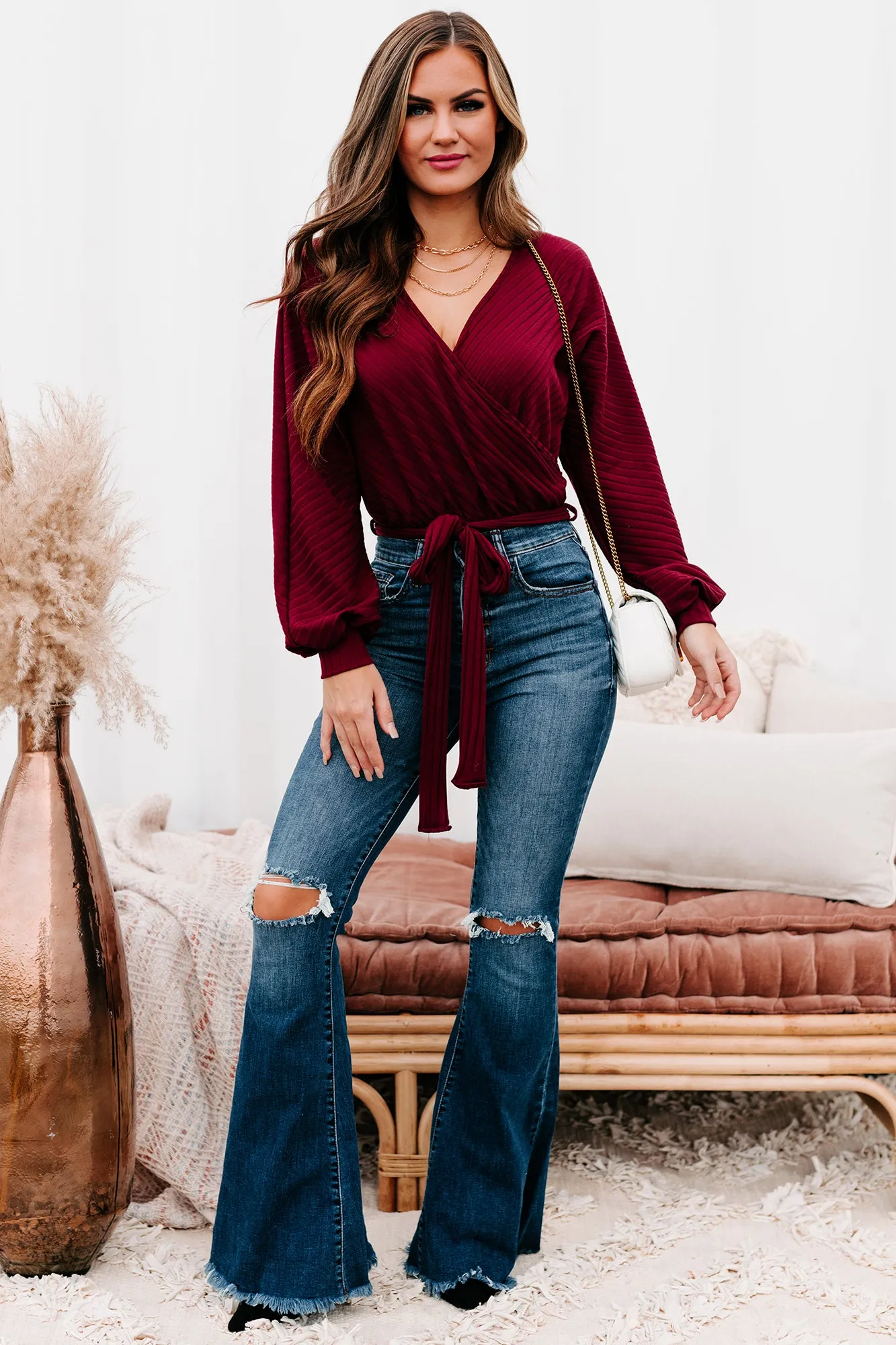Text Me Later Belted Surplice Bodysuit (Burgundy)