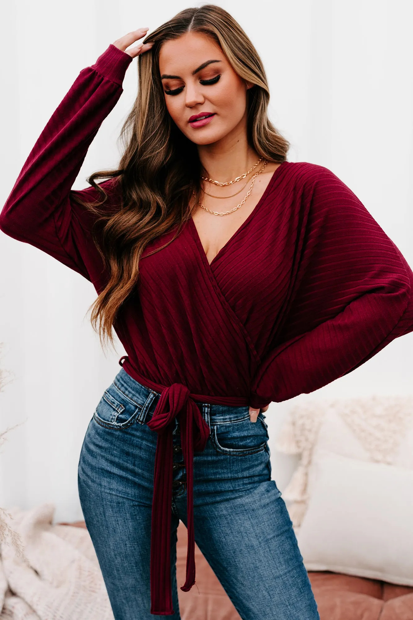 Text Me Later Belted Surplice Bodysuit (Burgundy)