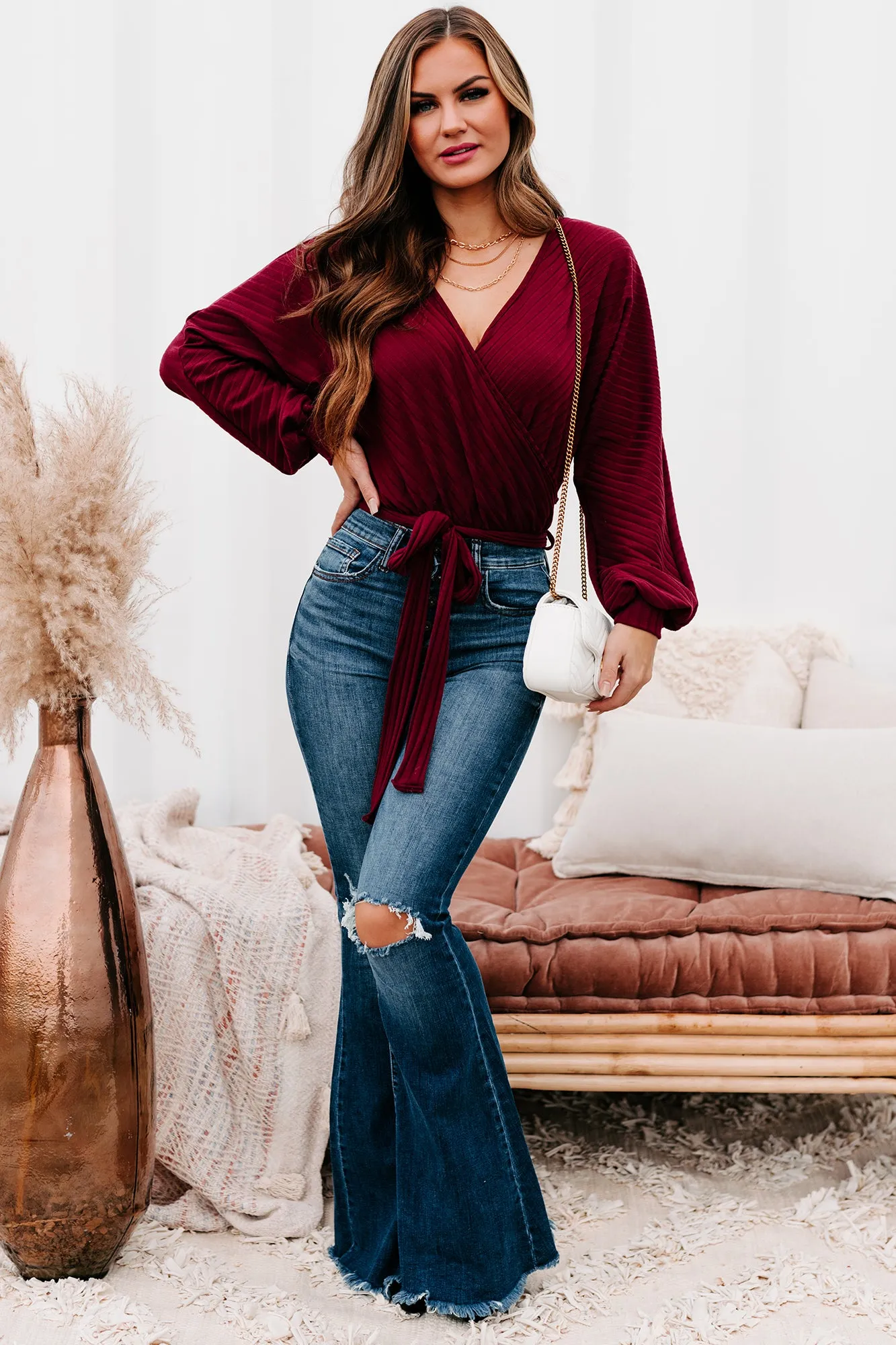 Text Me Later Belted Surplice Bodysuit (Burgundy)