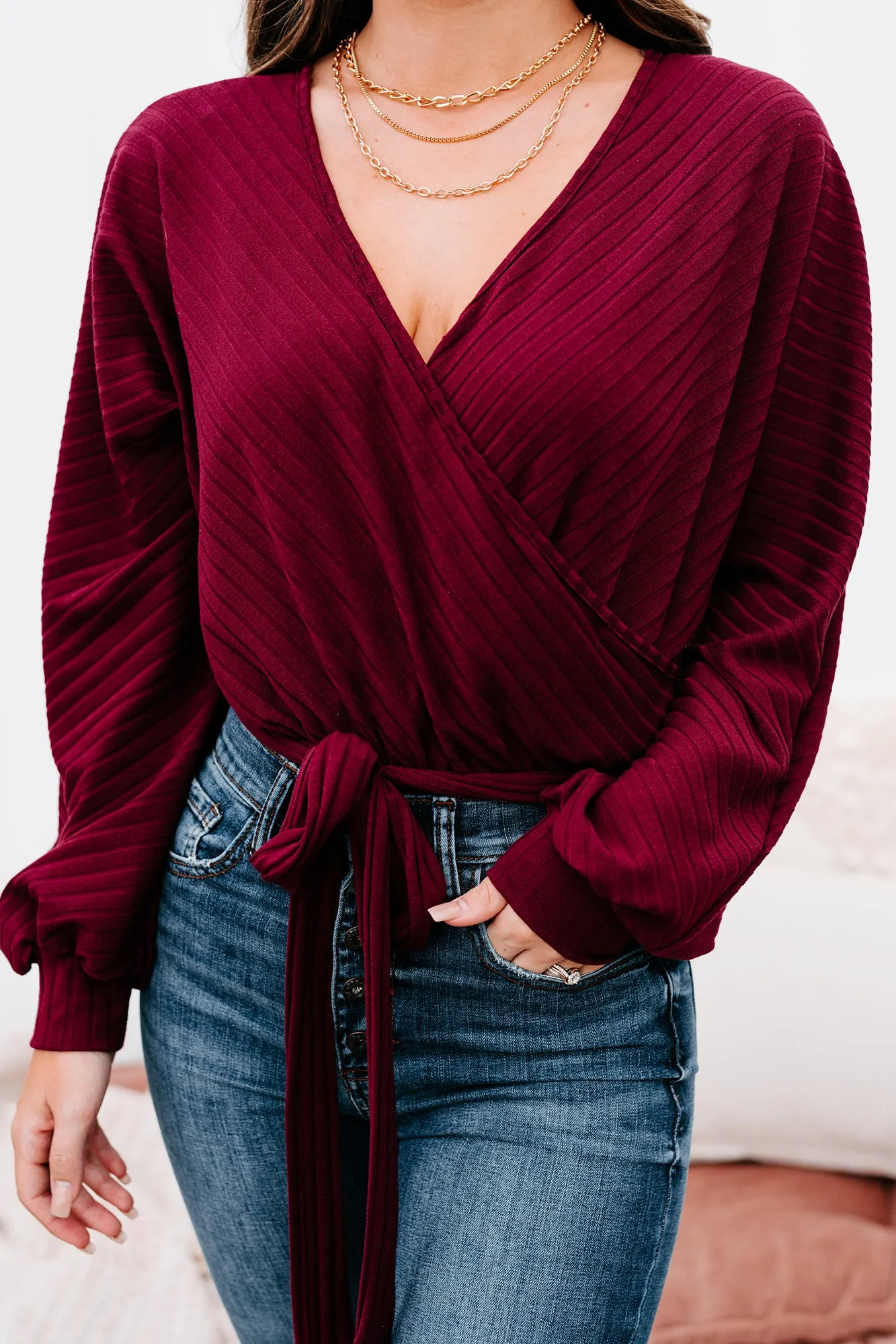 Text Me Later Belted Surplice Bodysuit (Burgundy)