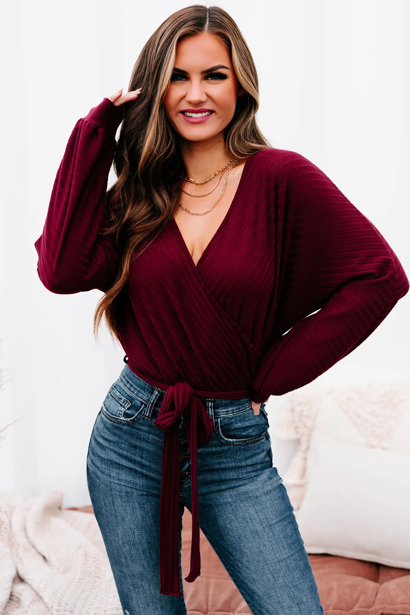 Text Me Later Belted Surplice Bodysuit (Burgundy)
