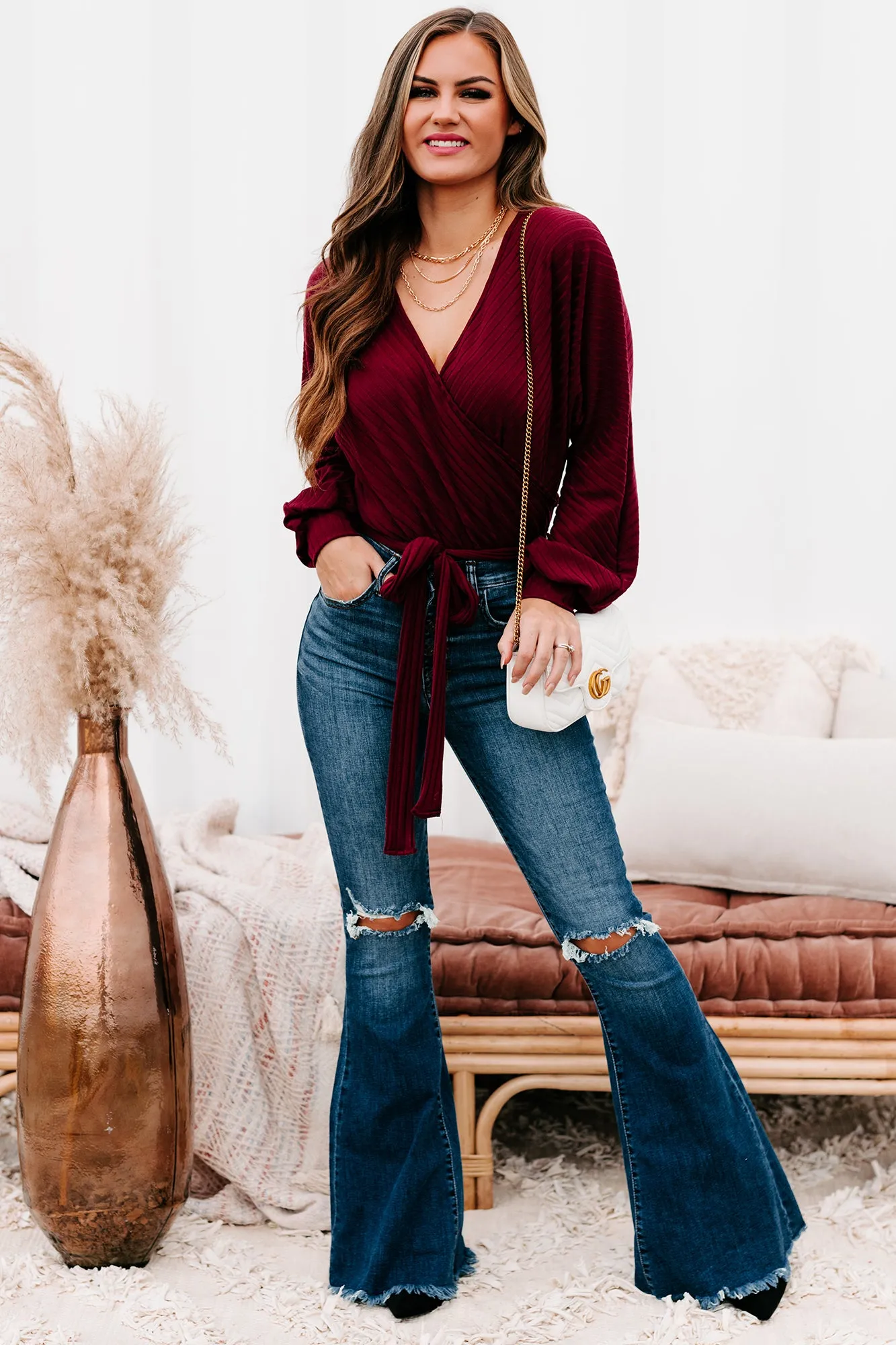 Text Me Later Belted Surplice Bodysuit (Burgundy)