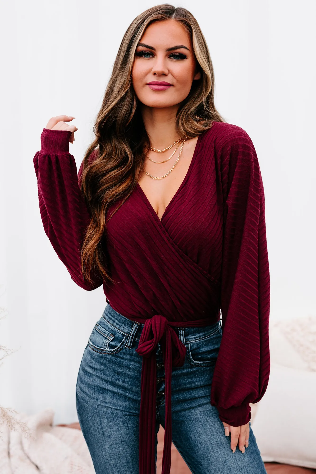 Text Me Later Belted Surplice Bodysuit (Burgundy)
