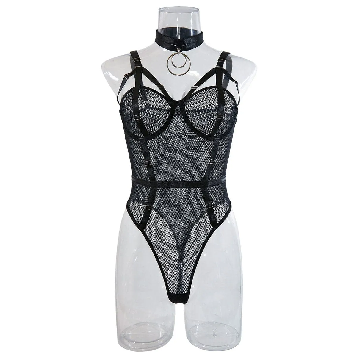 Toleet-Black Friday Christmas Thanksgiving Halter strappy o ring fishnet bodysuit with choker