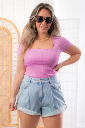Violet Square Neck Ribbed Short Sleeve Bodysuit