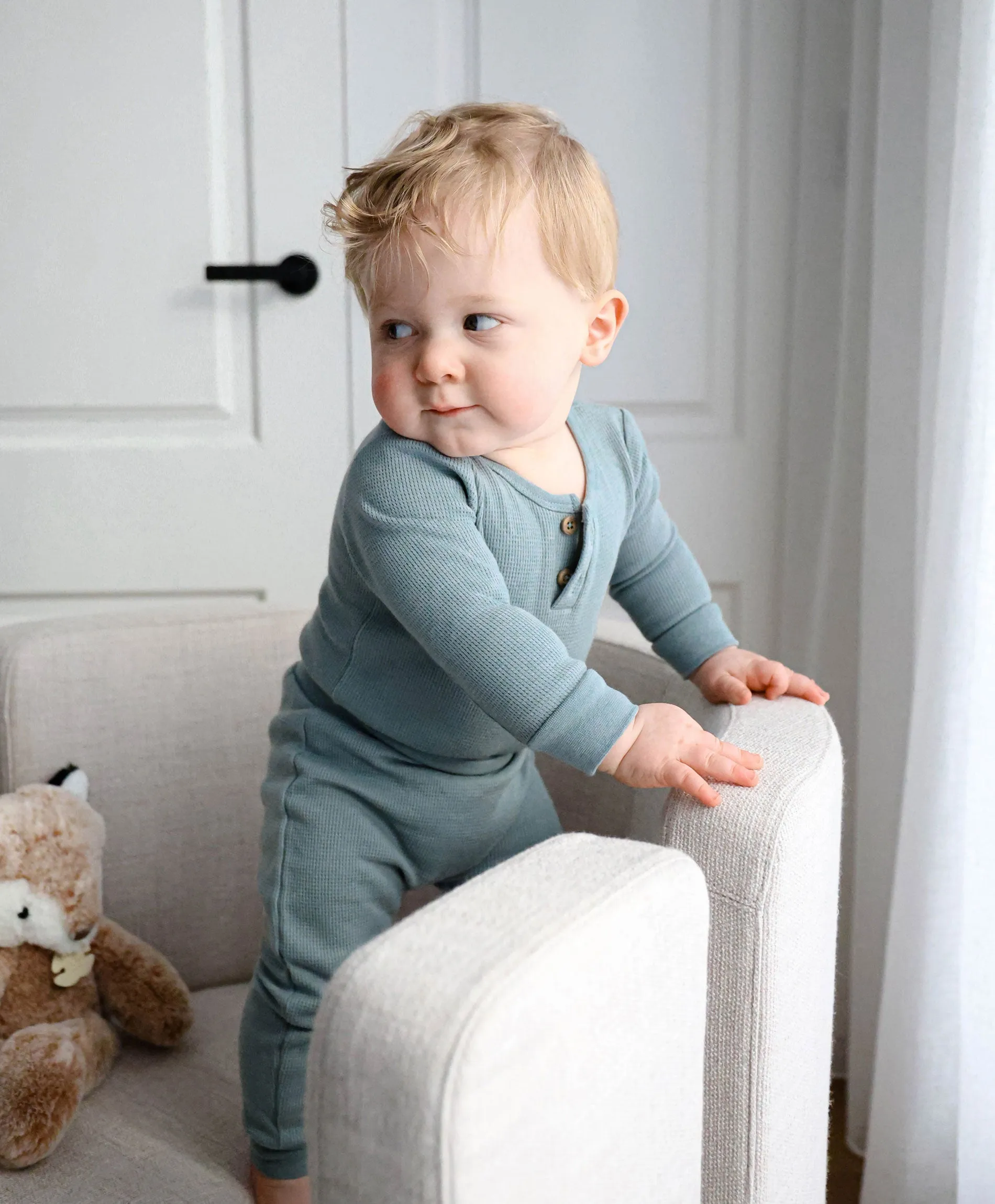 Waffle Long Sleeve Baby Bodysuit - Dusk Blue