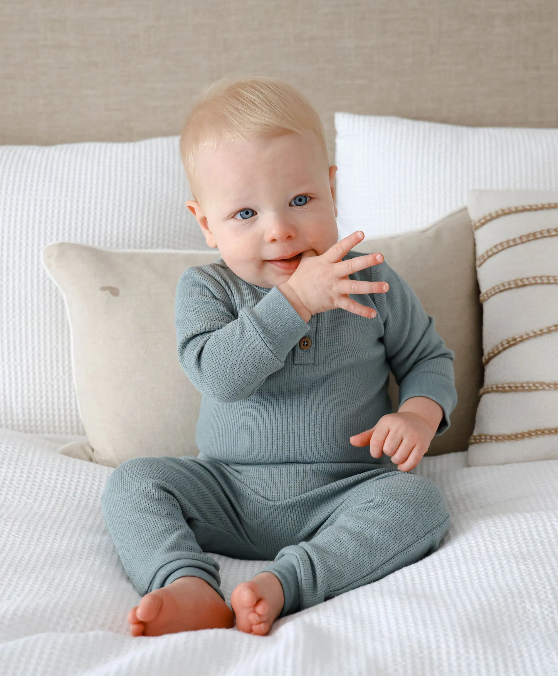 Waffle Long Sleeve Baby Bodysuit - Dusk Blue