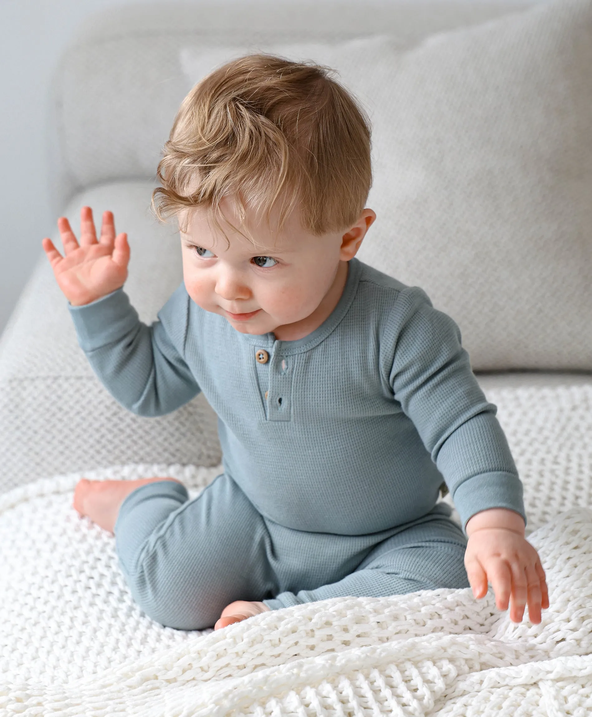 Waffle Long Sleeve Baby Bodysuit - Dusk Blue
