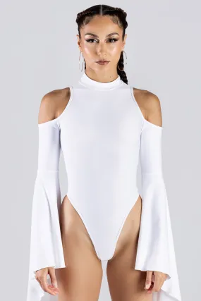 White Bell Sleeve Cold Shoulder Bodysuit