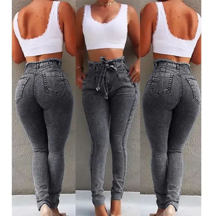 women's  slim fit stretch fringed belt high waist jeans