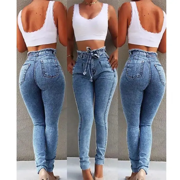 women's  slim fit stretch fringed belt high waist jeans