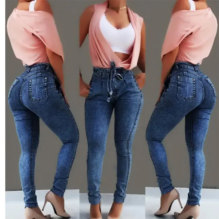 women's  slim fit stretch fringed belt high waist jeans